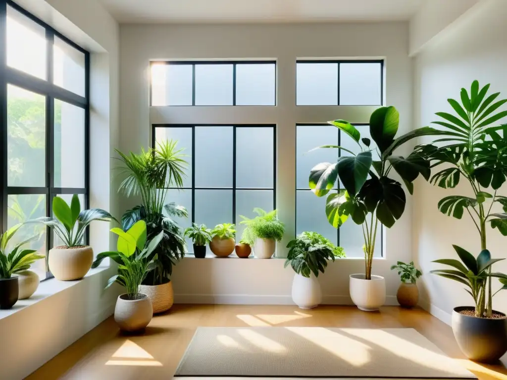 Espacio interior sereno y minimalista con plantas para armonizar el hogar, creando una atmósfera armoniosa y calmante