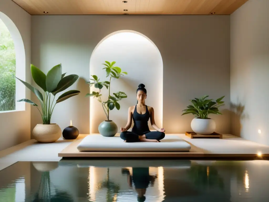 Un espacio interior sereno y minimalista para rituales diarios de Feng Shui, con elementos naturales y luz suave