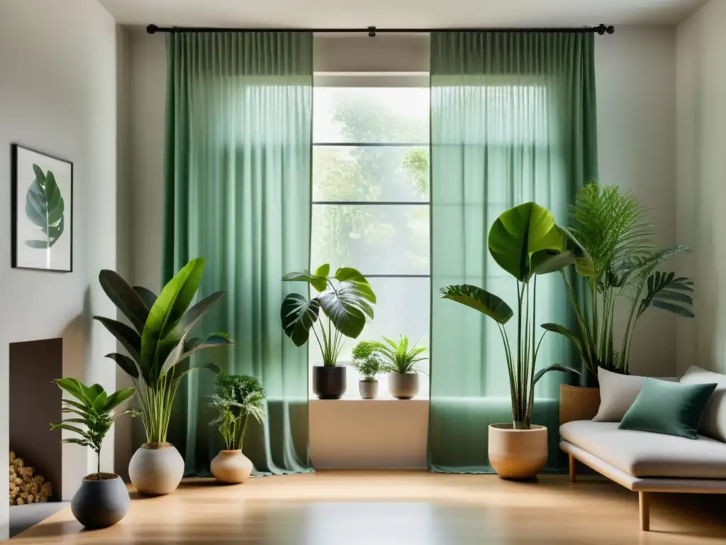 Un espacio interior sereno y minimalista con plantas cuidadosamente dispuestas, luz natural suave y cortina vaporosa