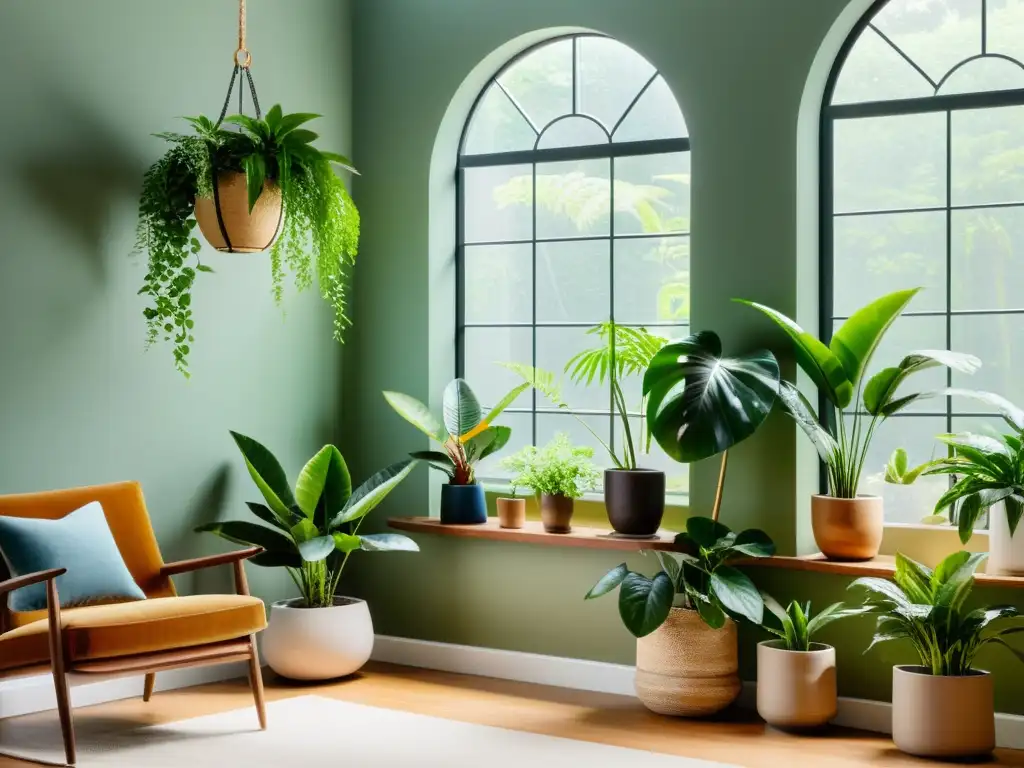 Un espacio interior sereno y minimalista con plantas de interior para Feng Shui, creando armonía y tranquilidad