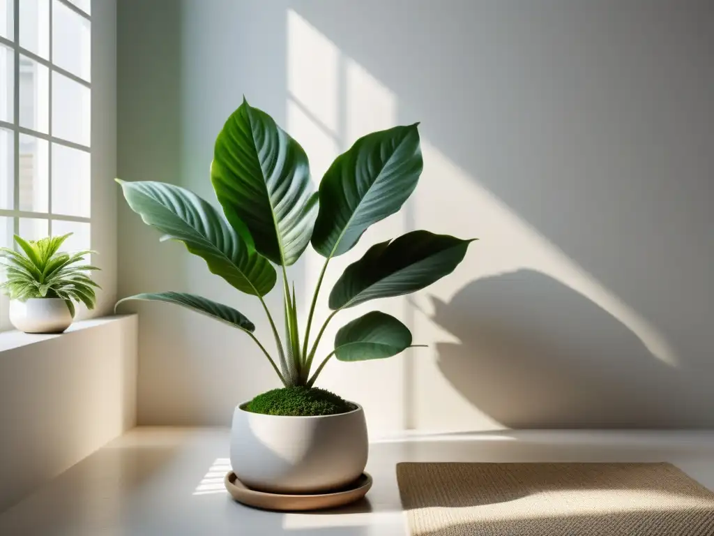 Espacio interior sereno con planta de interior en Feng Shui, bañada por luz natural suave en un entorno minimalista y armonioso