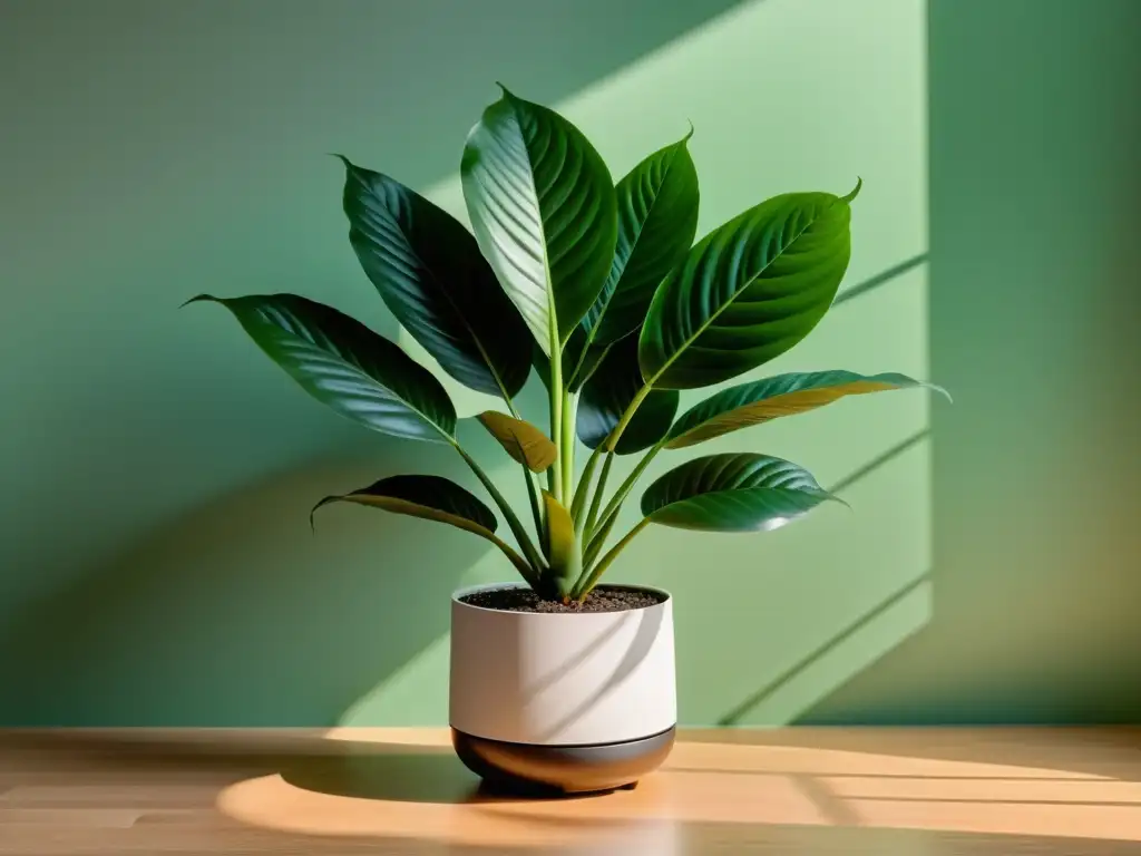 Espacio interior sereno con planta verde vibrante en maceta moderna