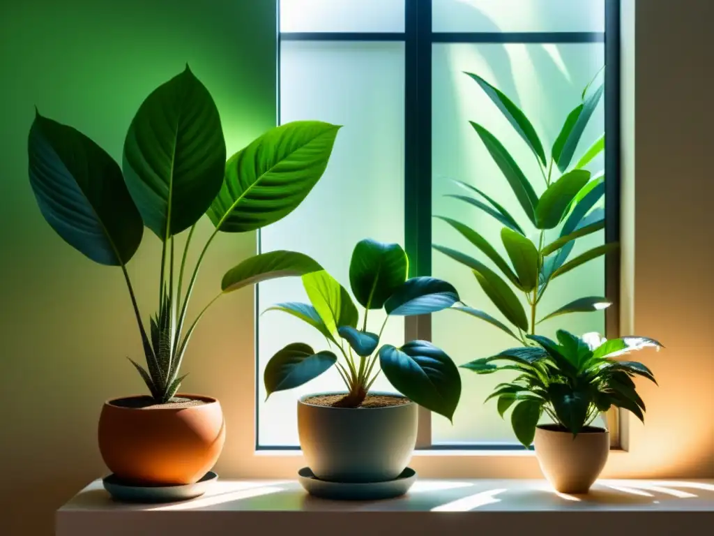 Un espacio interior sereno con plantas cuidadosamente colocadas según los principios del Feng Shui, bañado en suave luz natural