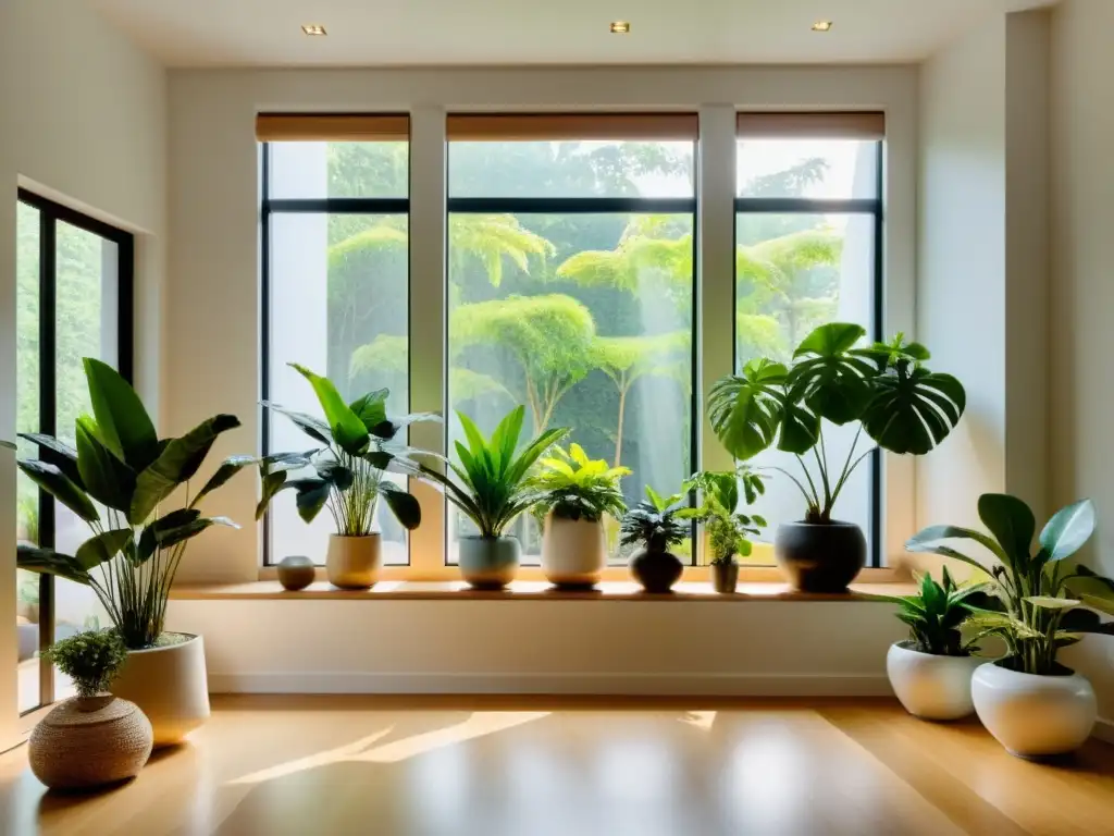 Un espacio interior sereno con plantas cuidadosamente dispuestas para armonizar el hogar según los principios del Feng Shui