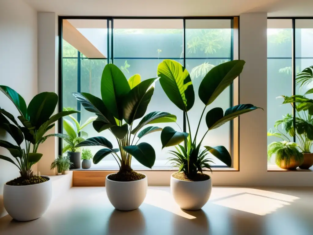 Un espacio interior sereno con plantas de Feng Shui creando armonía y equilibrio