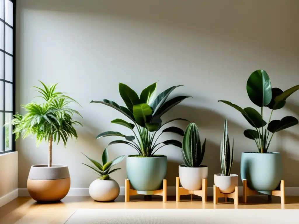 Un espacio interior sereno con plantas potenciadoras energía Feng Shui, bañado en luz natural y armonía