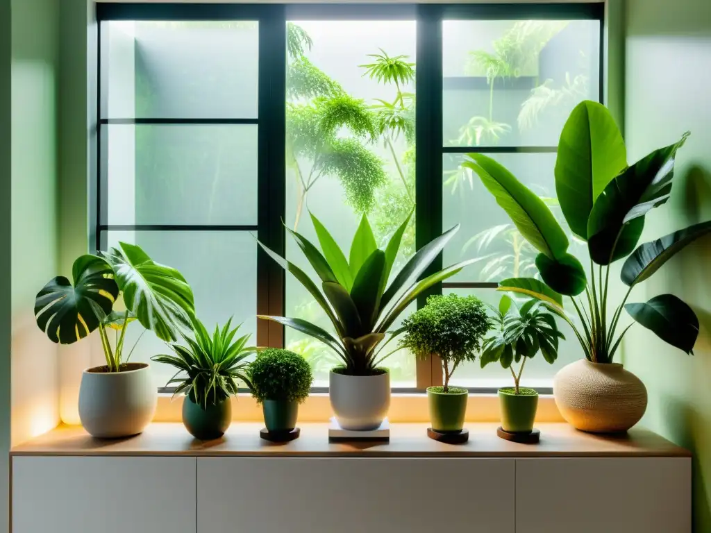 Espacio interior sereno con plantas Feng Shui en armonía, creando tranquilidad y equilibrio con luz natural