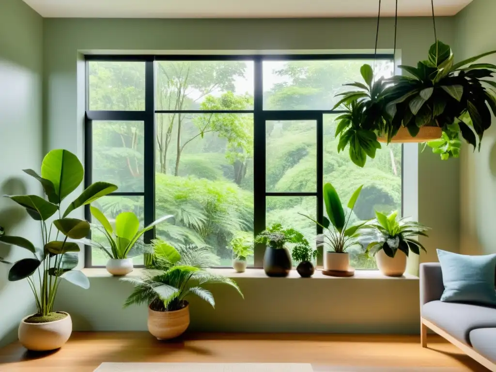 Espacio interior sereno con selección de plantas para Feng Shui, creando armonía y tranquilidad con su variedad de tonos verdes y luz natural