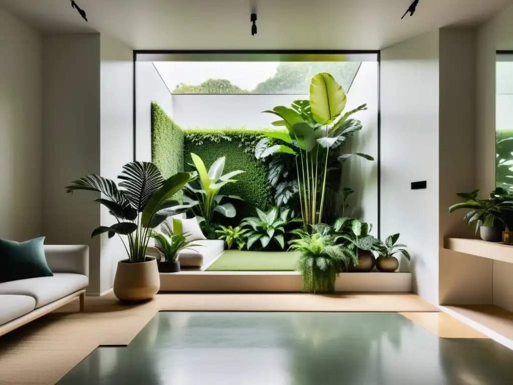 Espacio interior sereno con selección de plantas para Feng Shui, inundado de luz natural y armonía verde