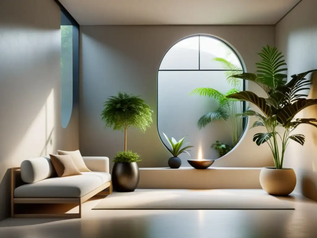 Un espacio interior tranquilo y armonioso con elementos naturales y mobiliario elegante, siguiendo los principios del Feng Shui para armonía hogar