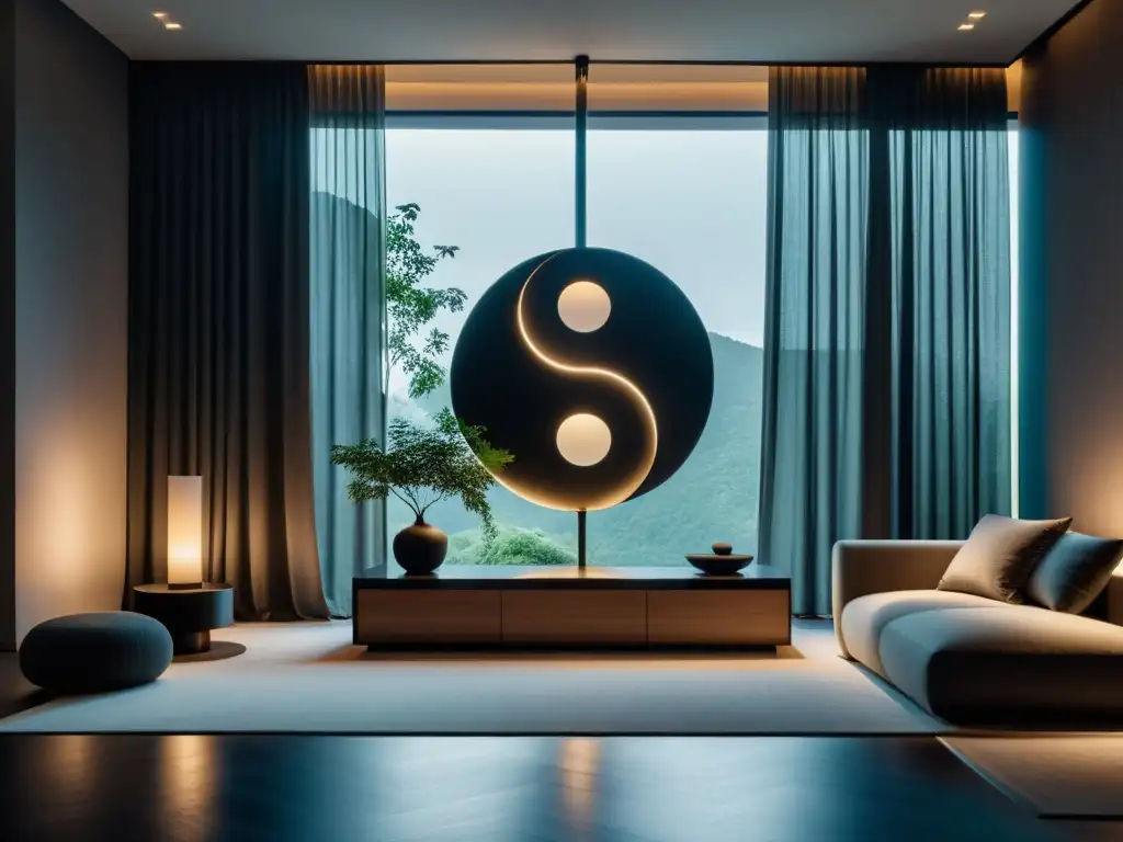 Espacio interior tranquilo y equilibrado con Feng Shui, yin y yang, armonía y calma