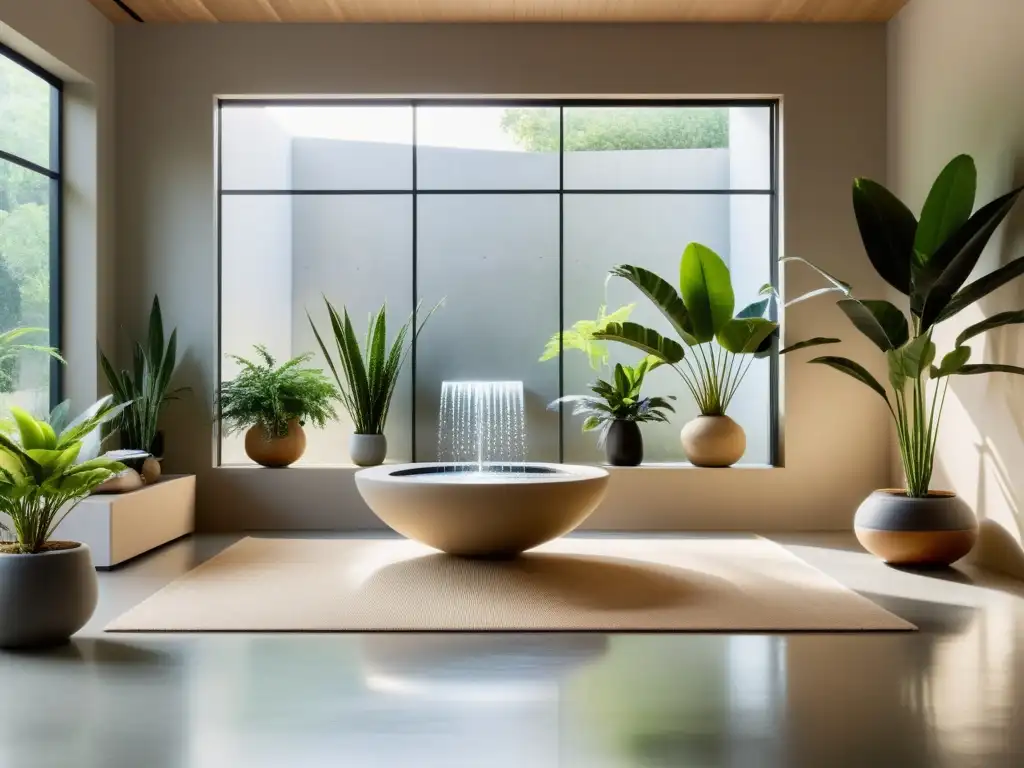 Un espacio interior tranquilo con luz natural, plantas, fuente y muebles armoniosos, inspirado en técnicas ecológicas de purificación Feng Shui