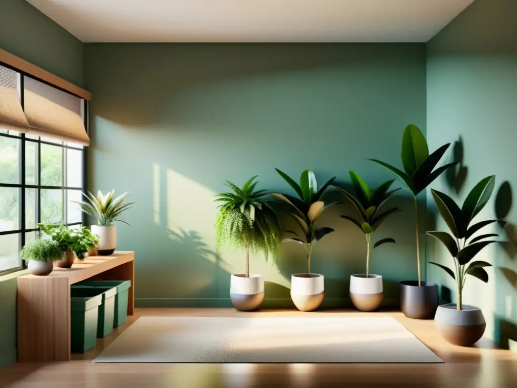 Un espacio interior tranquilo y minimalista con plantas, luz natural, estación de reciclaje organizada