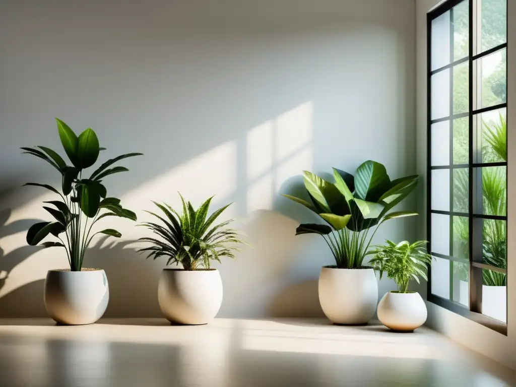 Un espacio interior tranquilo con plantas de Feng Shui estratégicamente colocadas para promover armonía y equilibrio