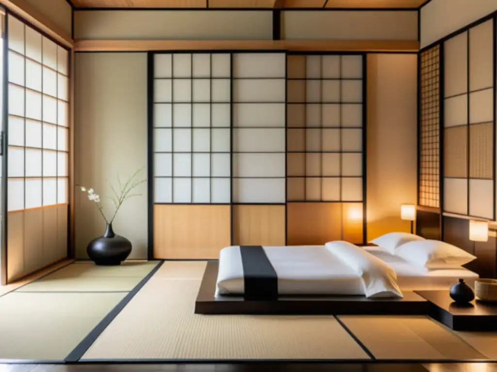 Espacio japonés sereno con shoji screens para dividir, luz natural y armonía