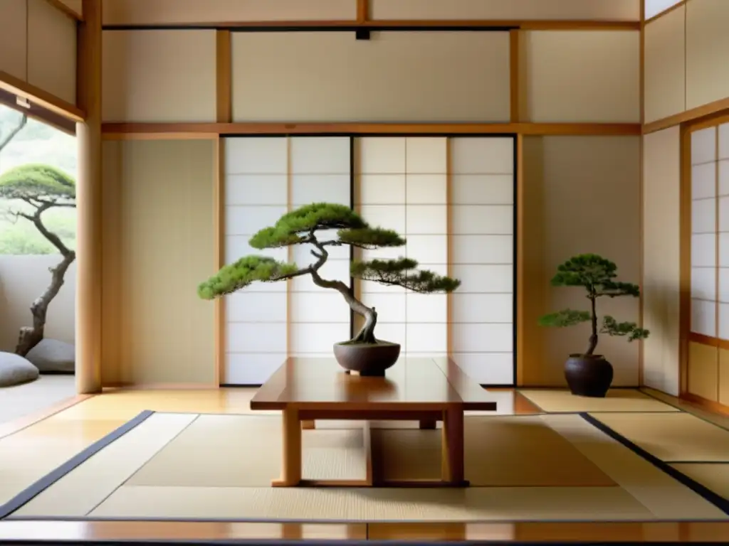 Espacio zen japonés con shoji screens y mesa de bonsái