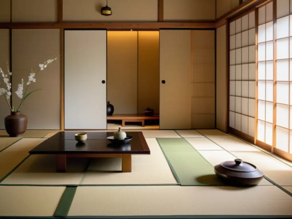 Espacio tatami japonés tranquilo con puertas shoji, mesa baja de madera y alcoba tokonoma con arreglos florales