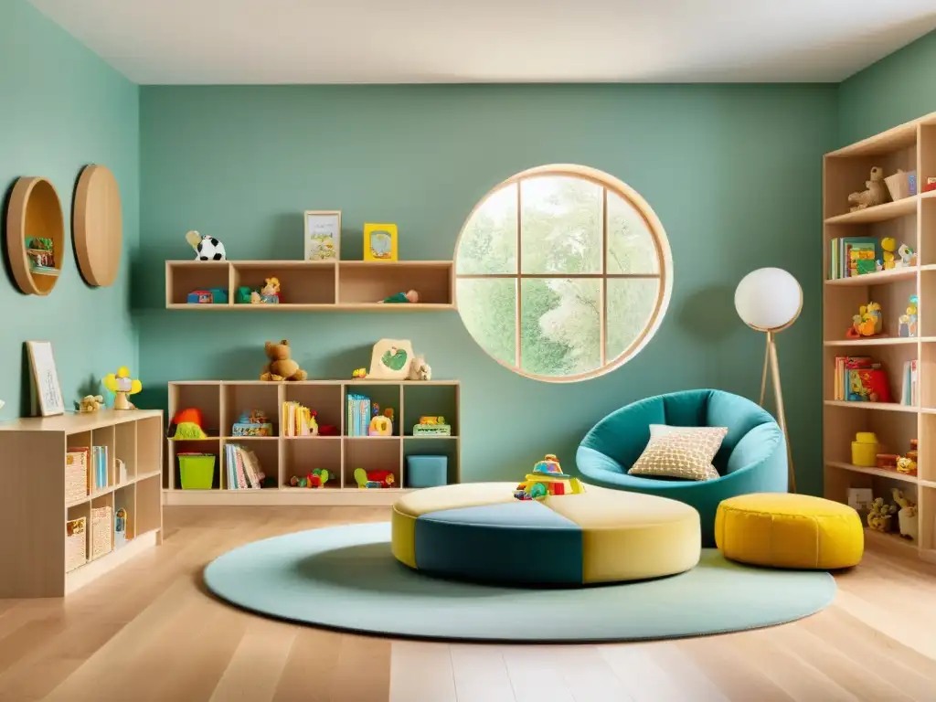 Un espacio de juego infantil minimalista con colores suaves, muebles sencillos y ambiente sereno para fomentar la creatividad