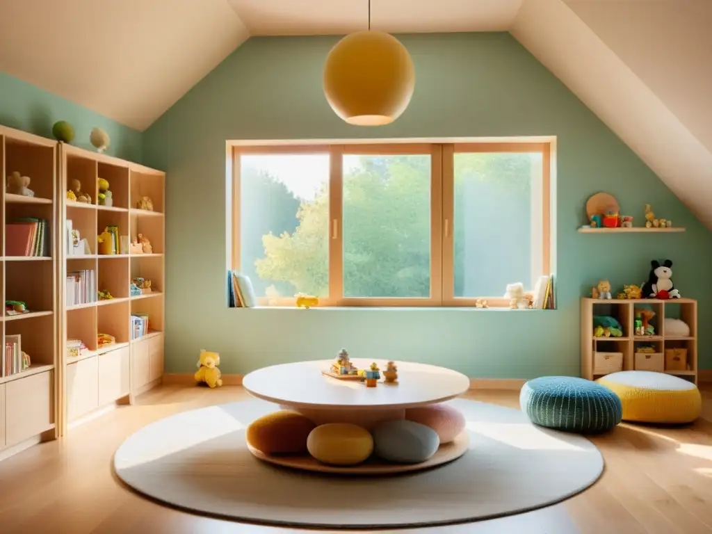 Espacio de juego infantil sereno y minimalista con decoración Feng Shui para niños creatividad, en tonos suaves y cálida iluminación dorada