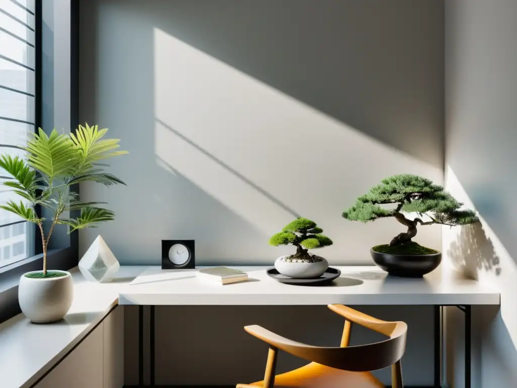 Un espacio laboral minimalista y armonizado con elementos de feng shui, iluminado por luz natural