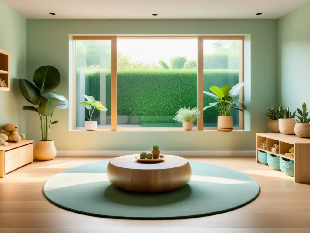 Un espacio limpio y ecológico para niños, con muebles de madera y detalles en tonos pastel, iluminado por luz natural