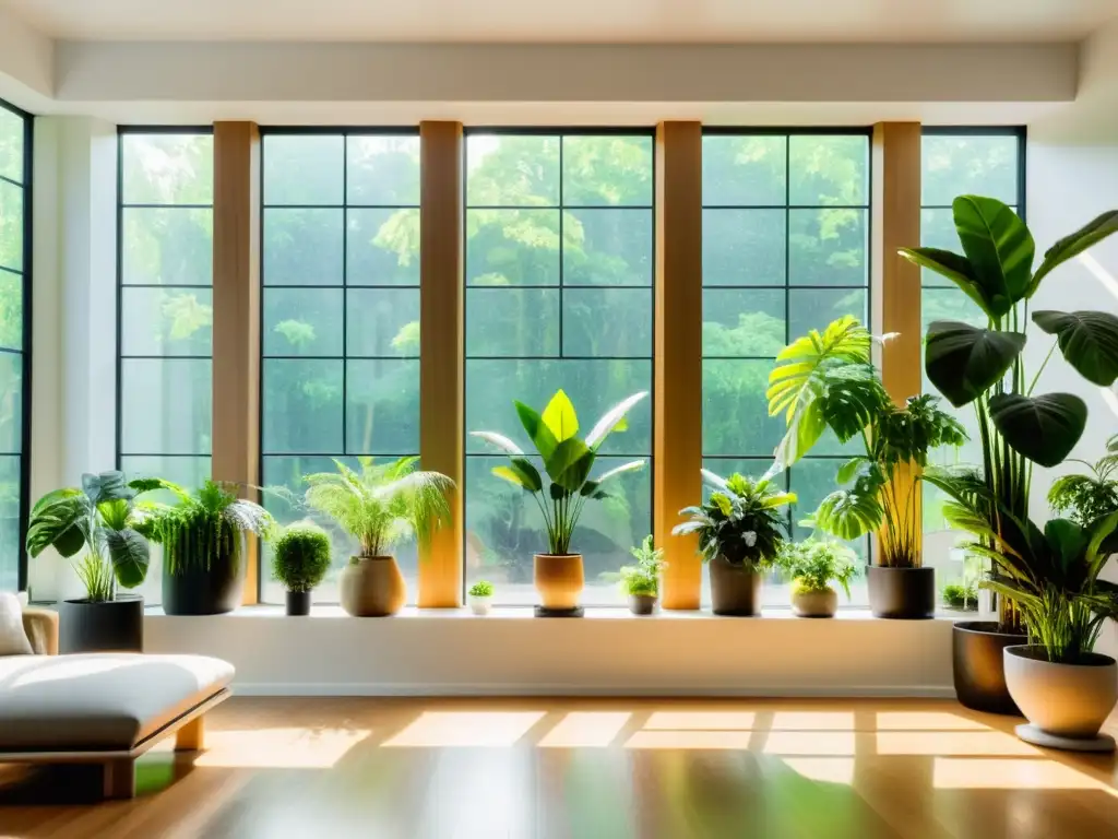 Espacio luminoso con decoración minimalista y selección de plantas para Feng Shui, creando armonía y equilibrio