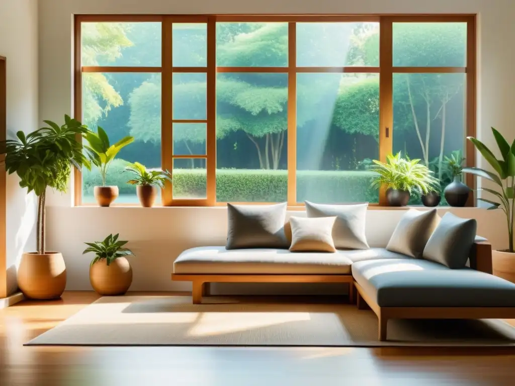 Espacio luminoso y sereno con muebles de madera y plantas, simbolizando armonía y equilibrio a través de rituales de limpieza Feng Shui