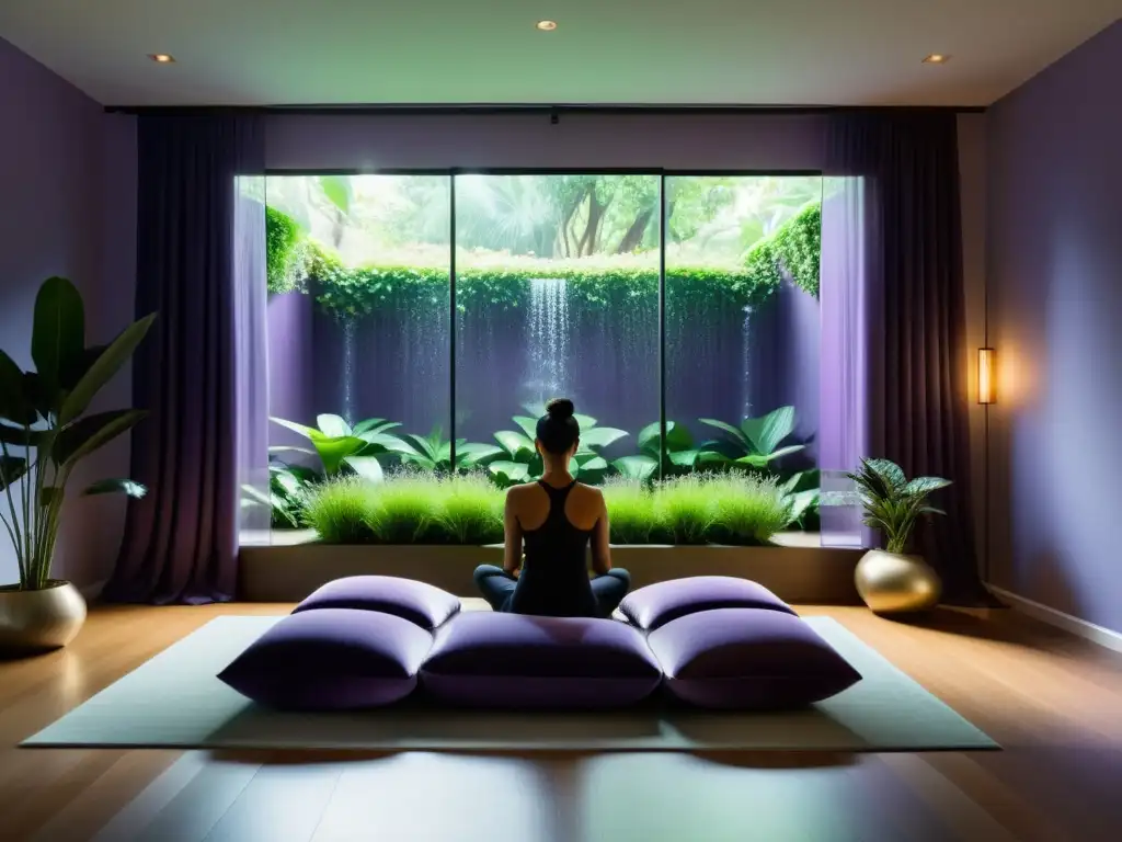 Espacio de meditación con luz suave y decoración minimalista en color púrpura, evocando armonía espiritual y creatividad en el Feng Shui