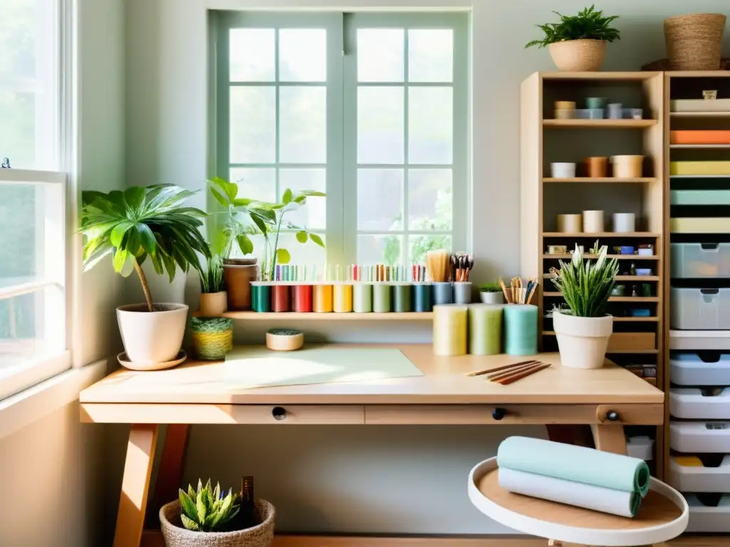 Un espacio de manualidades con luz natural, mesa organizada y suministros artísticos