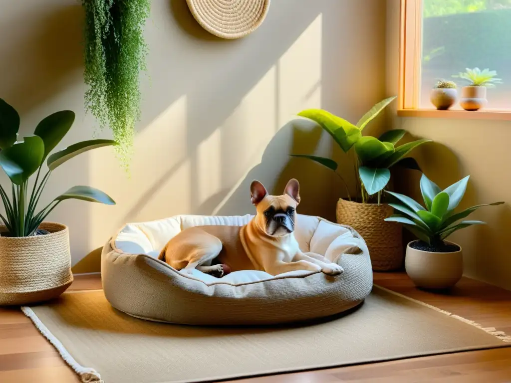 Espacio para mascotas con Feng Shui: Cama acogedora en rincón soleado, rodeada de plantas y elementos naturales