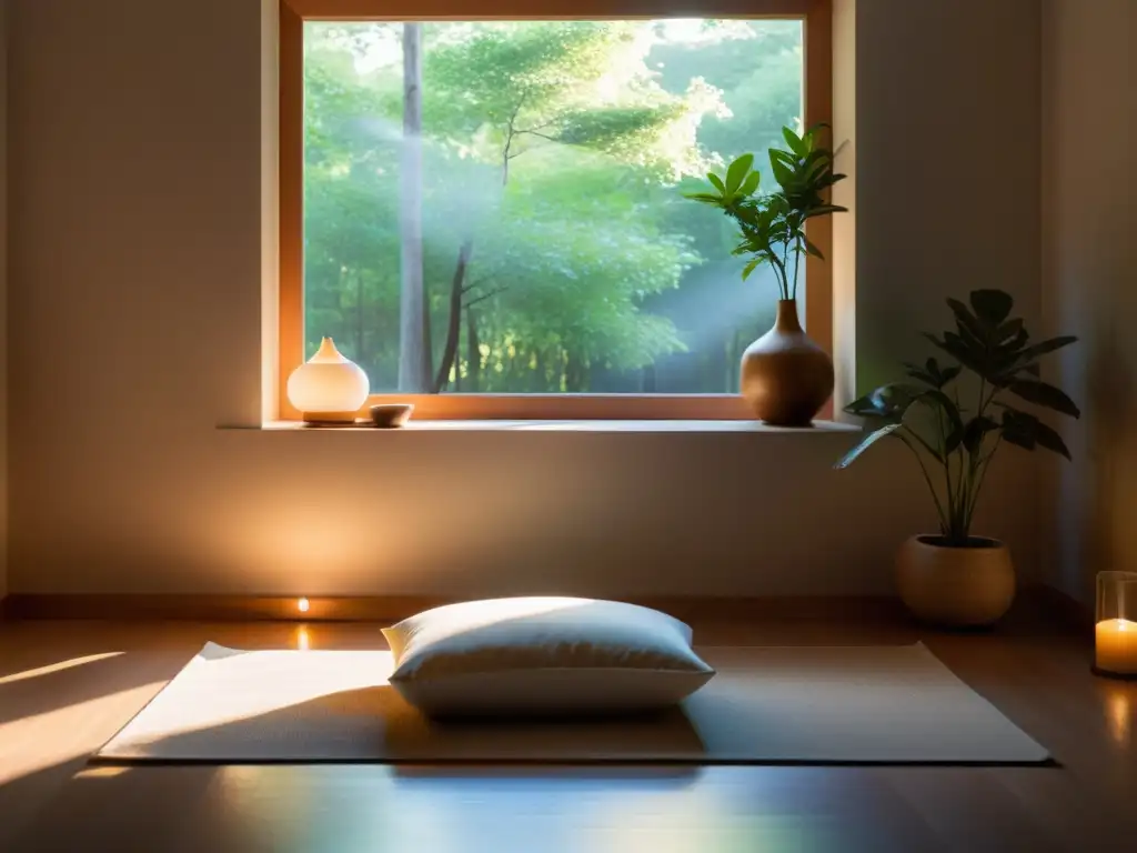 Espacio de meditación con iluminación Feng Shui para meditación profunda