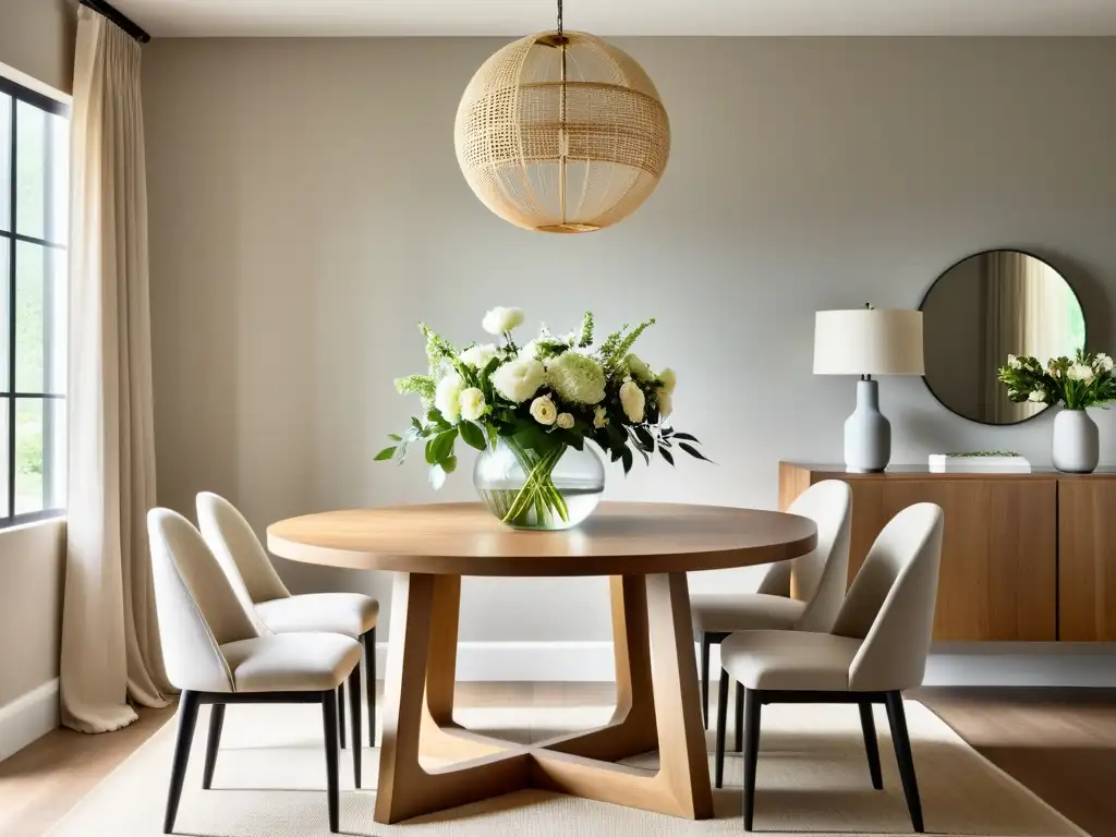 Espacio de alimentación con Feng Shui: Mesa redonda de madera rodeada de sillas bajas acolchadas en tonos neutros, decorada con un centro de flores frescas en un jarrón de vidrio, bañado por luz natural a través de cortinas vaporosas