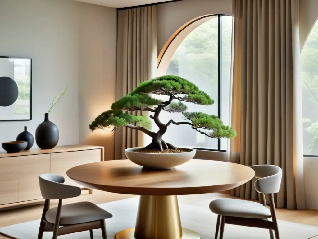 Espacio de alimentación con Feng Shui: mesa redonda de madera con sillas modernas, centro de mesa con bonsái y luz natural suave