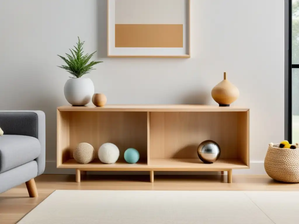 Espacio minimalista con almacenamiento de juguetes para mascotas según Feng Shui