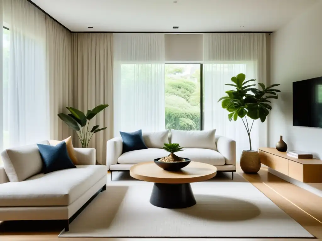 Espacio minimalista y Feng Shui para hogar: ambiente sereno con mobiliario equilibrado, paleta neutra y elementos naturales