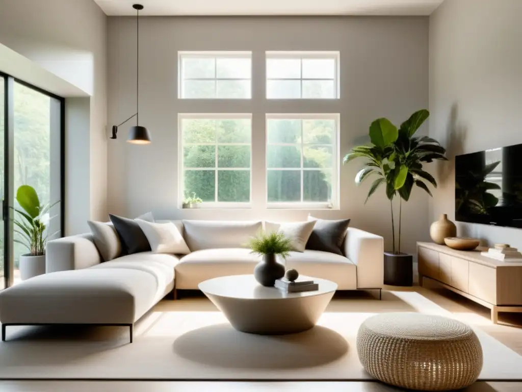 Espacio minimalista y armonioso con luz natural, decoración Feng Shui para vender casa