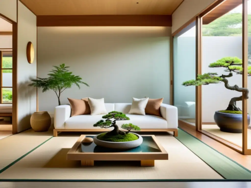 Espacio minimalista Feng Shui para bienestar con jardín Zen al fondo, repleto de armonía y equilibrio