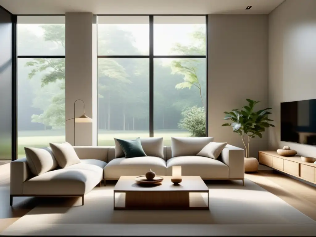 Espacio minimalista Feng Shui para bienestar, con líneas limpias, colores neutros y luz natural