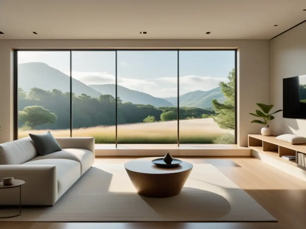 Espacio minimalista Feng Shui para bienestar, con vista a paisaje natural, luz suave y atmósfera tranquila