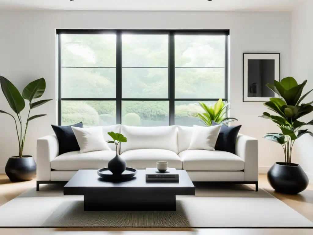 Espacio minimalista en blanco y negro con equilibrio y armonía con Feng Shui