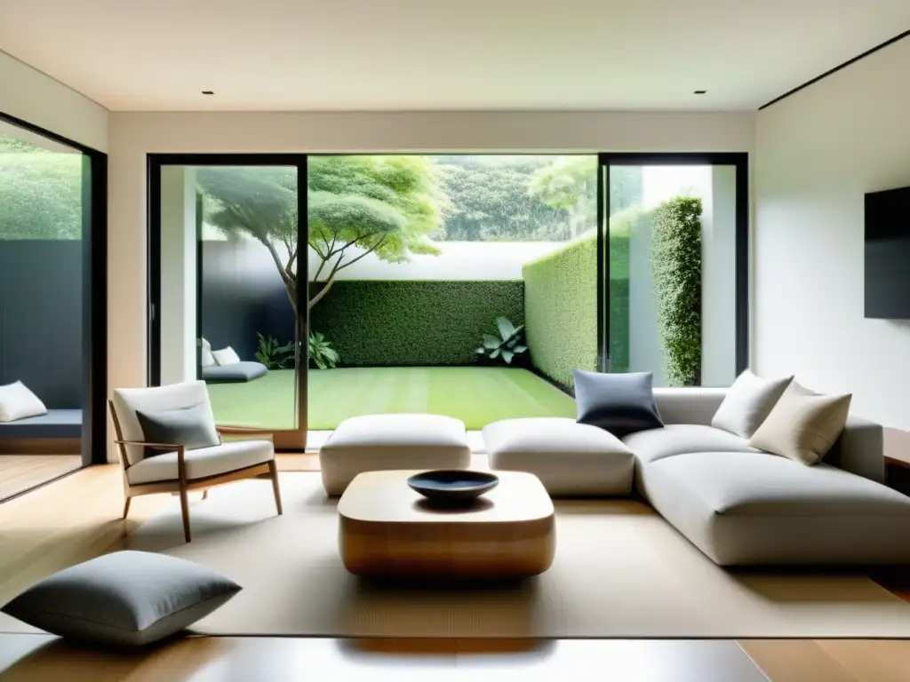 Espacio minimalista con colocación de objetos según Feng Shui, decoración armoniosa y vista a un jardín interior tranquilo