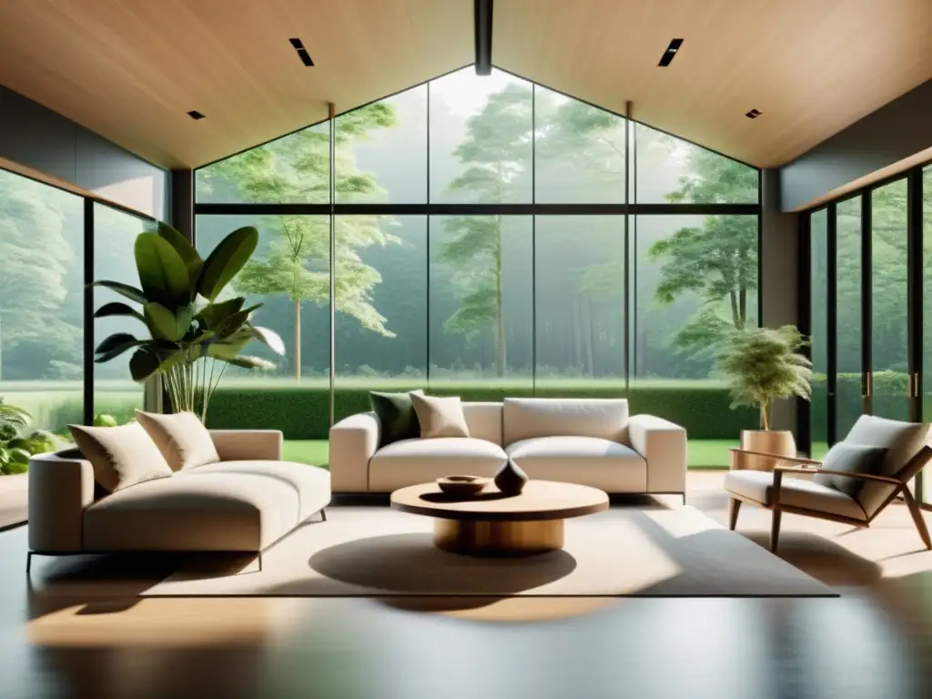 Espacio minimalista con diseño biofílico y Feng Shui, potted plants, luz natural y vistas al bosque