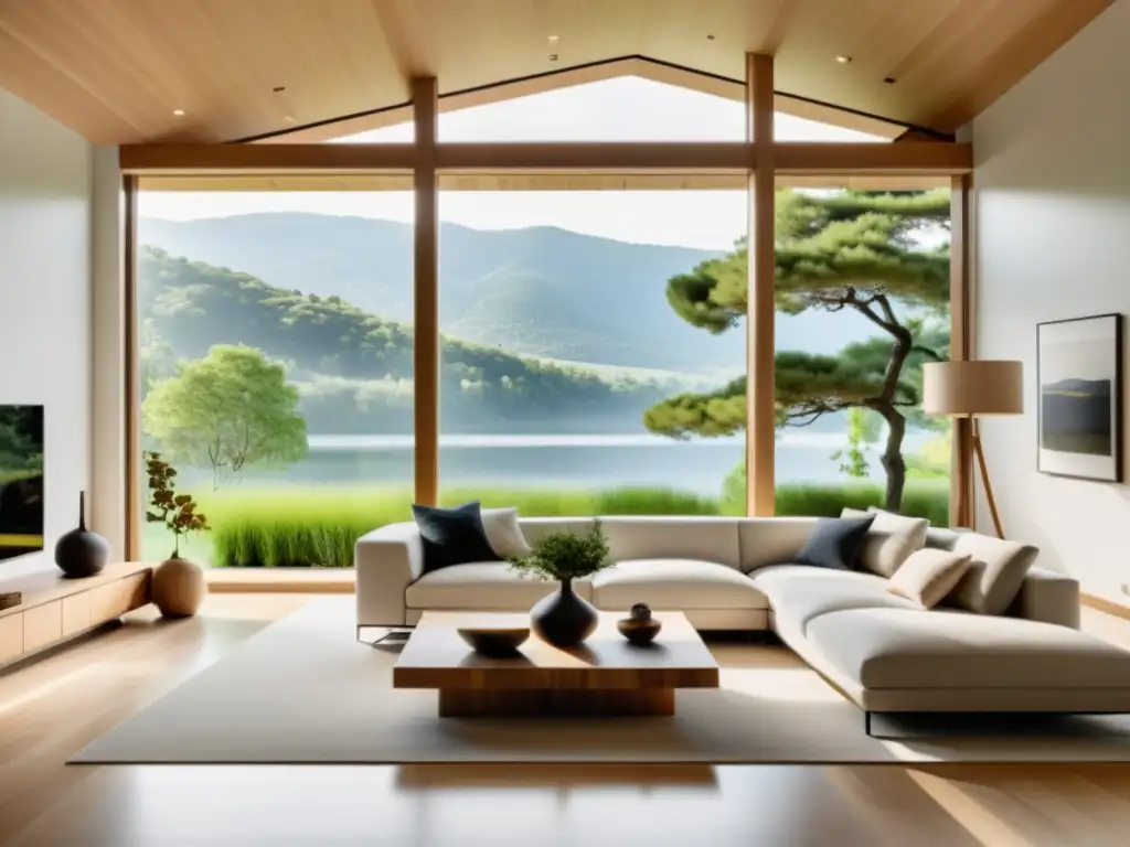 Espacio minimalista con elementos naturales en arquitectura Feng Shui, inundado de luz natural y vistas a un paisaje sereno