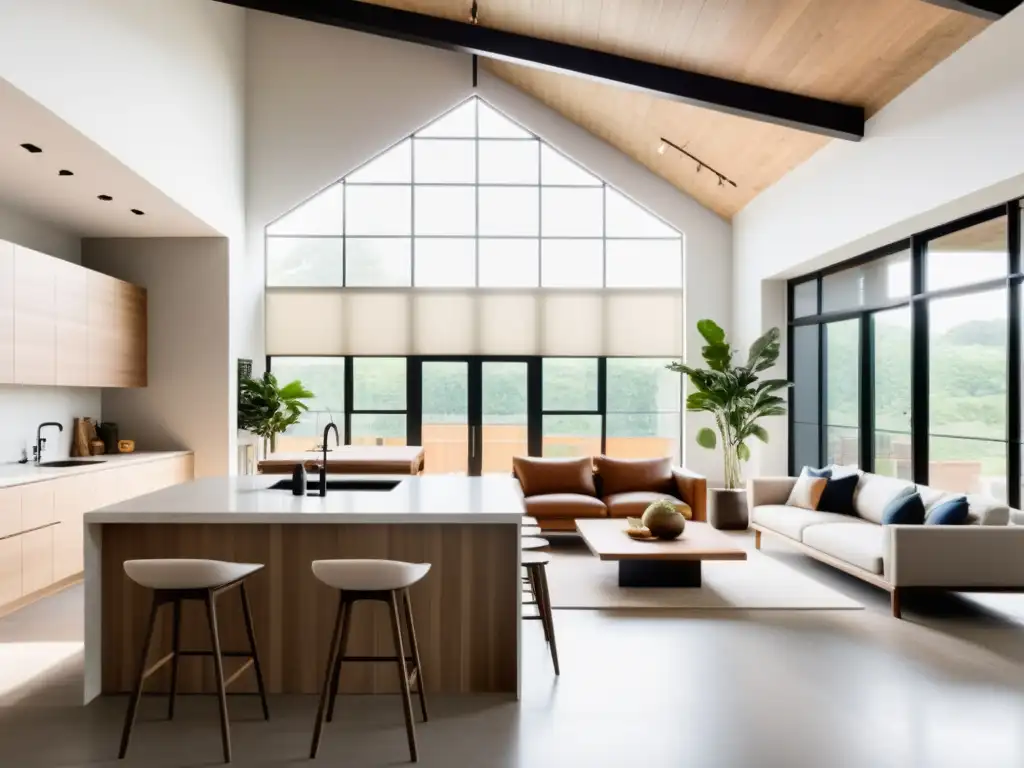 Espacio loft minimalista con decoración equilibrada según principios Feng Shui