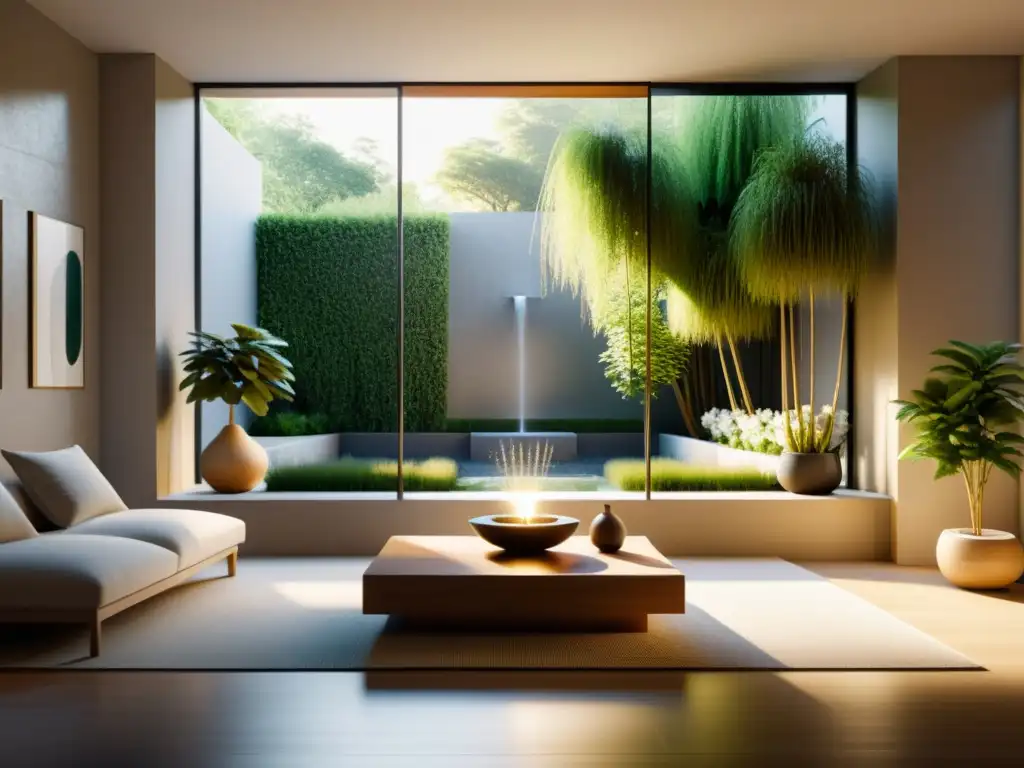 Espacio minimalista con equilibrio y armonía gracias al Feng Shui, iluminado por la luz del sol y con vistas al jardín