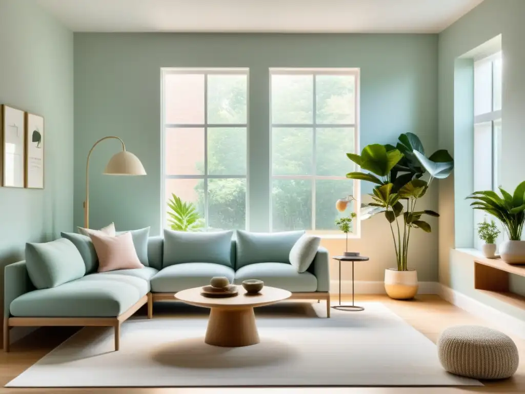 Espacio minimalista con equilibrio de muebles, plantas y decoración en tonos pastel