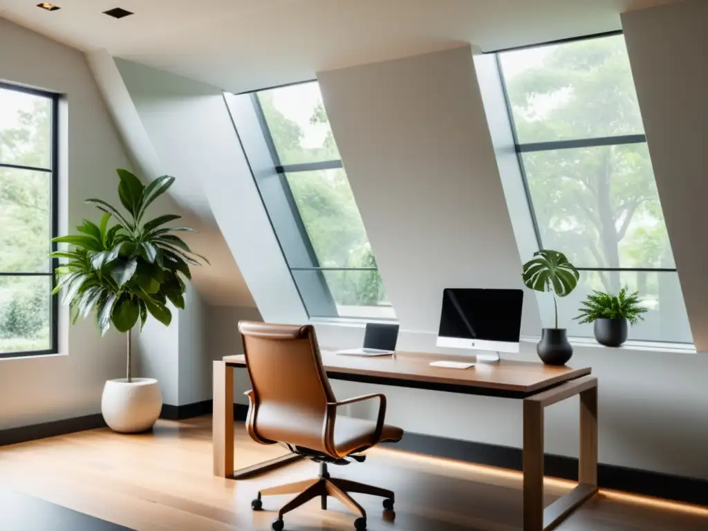 Feng Shui para diseño de oficina: Espacio minimalista con escritorio de madera, sillas ergonómicas y ventana inundando la estancia de luz natural