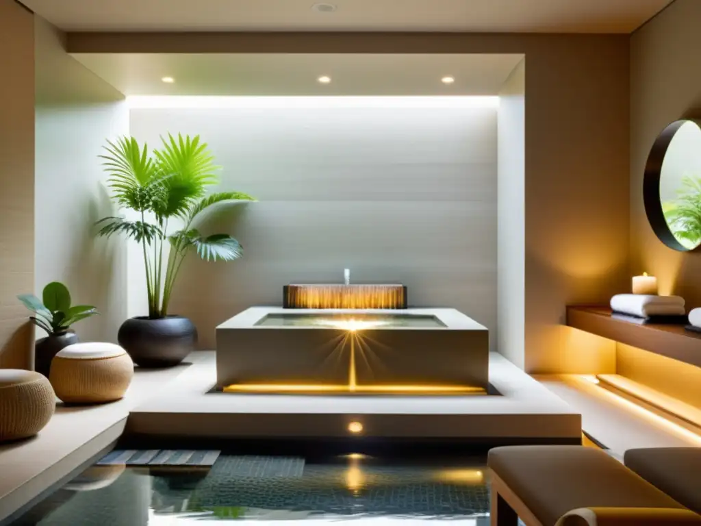 Espacio spa minimalista con armonización espacios con música Feng Shui, iluminación suave y fuente de agua