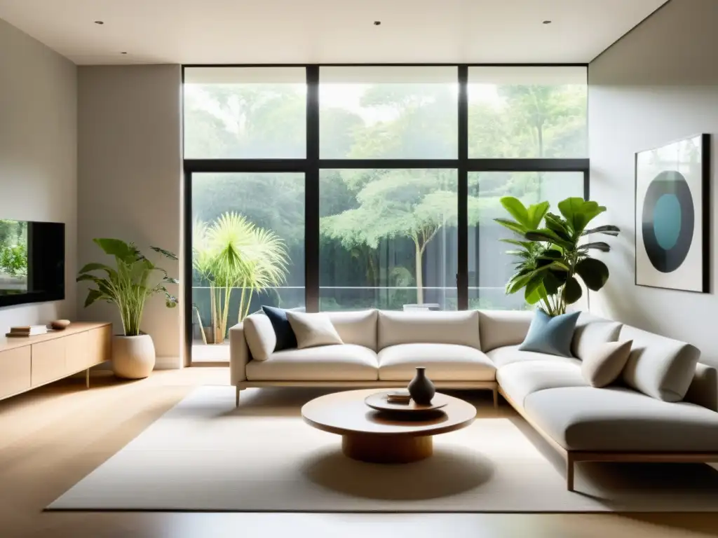 Espacio minimalista con flujo de Chi, ambiente sereno, líneas limpias, colores neutros y plantas