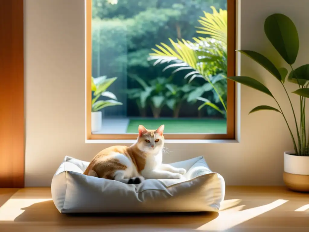 Espacio minimalista con gato blanco relajado en cama moderna, aire tranquilo y energía Feng Shui mascotas y energía